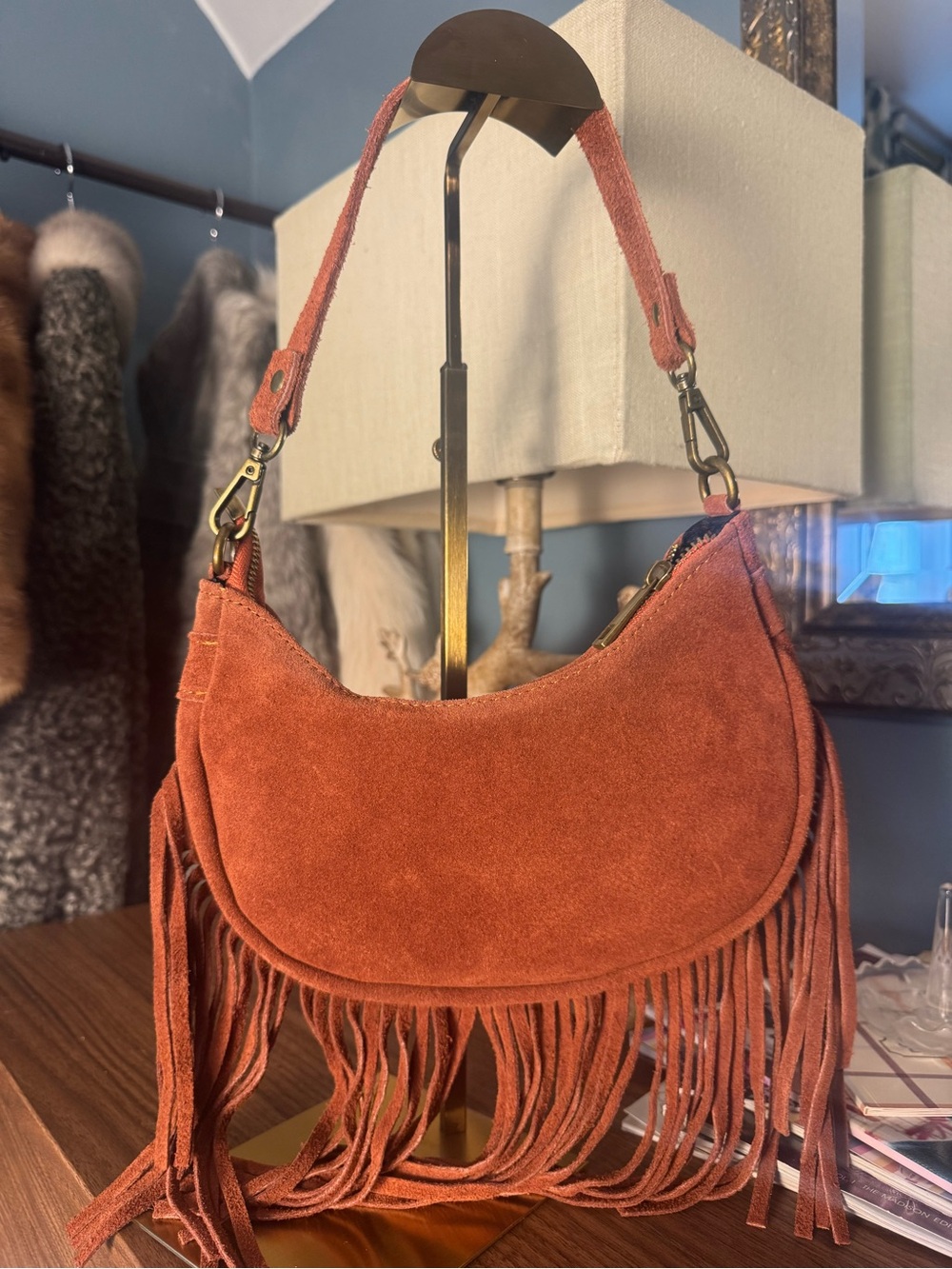 Suede fringe shoulder bag